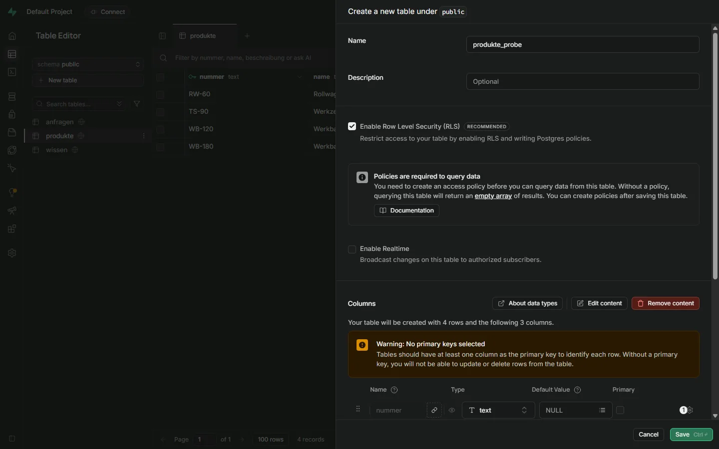 Formular nach dem CSV-Import mit der gelben Warnung No primary keys selected und der Spalte nummer vom Typ text