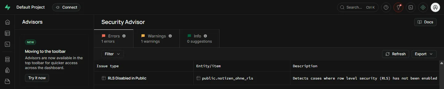 Security Advisor mit einem Fehler RLS Disabled in Public für eine Tabelle