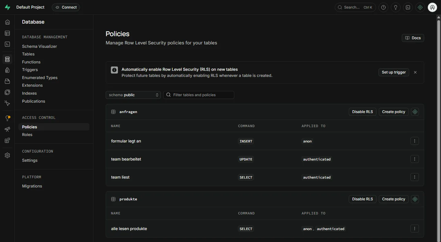 Policies-Seite: anfragen mit formular legt an (INSERT, anon), team bearbeitet (UPDATE, authenticated), team liest (SELECT, authenticated), produkte mit alle lesen produkte
