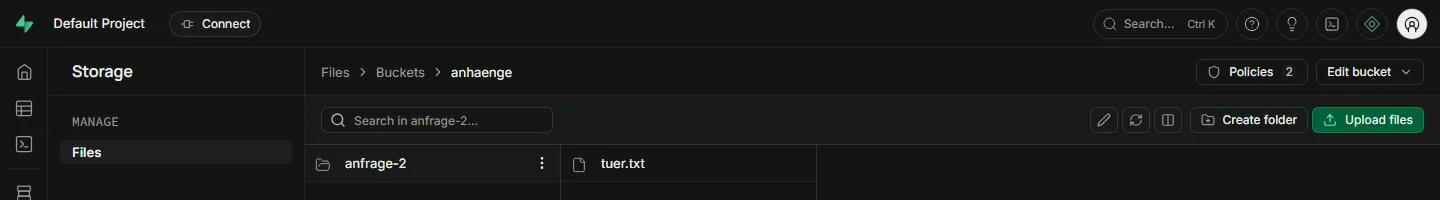 Storage-Ansicht mit dem Bucket anhaenge, Ordner anfrage-2 und Datei tuer.txt