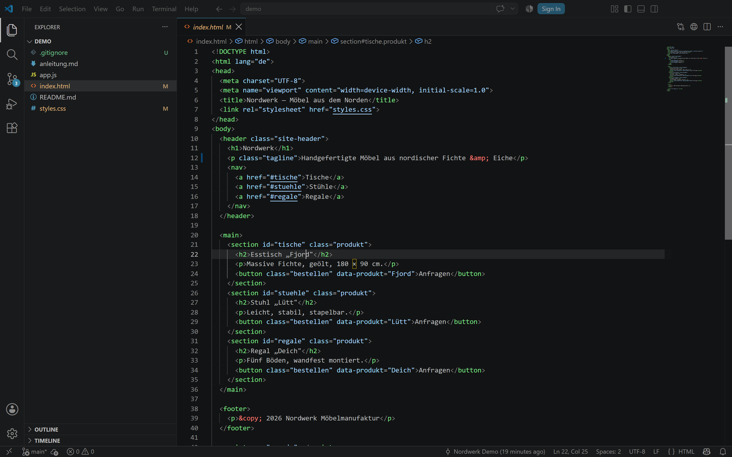 VS-Code-Gesamtansicht mit geöffnetem Demo-Projekt: links Activity Bar und Explorer mit dem Dateibaum, in der Mitte die geöffnete Datei index.html im Editor, unten die Statusleiste