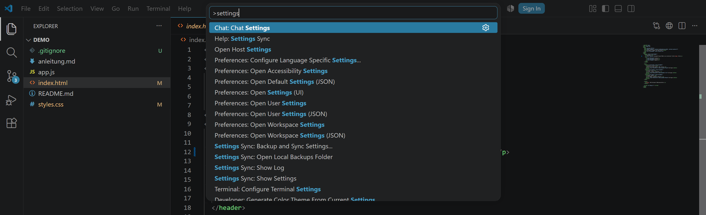 Geöffnete Command Palette in VS Code mit getipptem Suchbegriff „settings