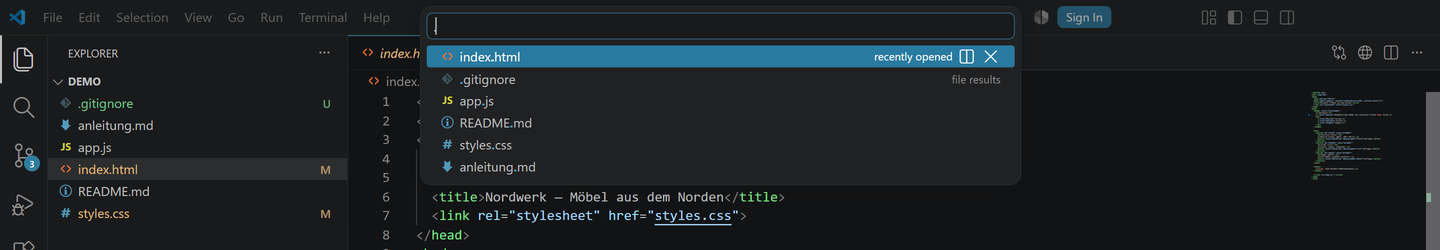 Quick Open in VS Code: Eingabefeld oben mit der Dateiliste des Projekts darunter — index.html, styles.css, app.js, README.md