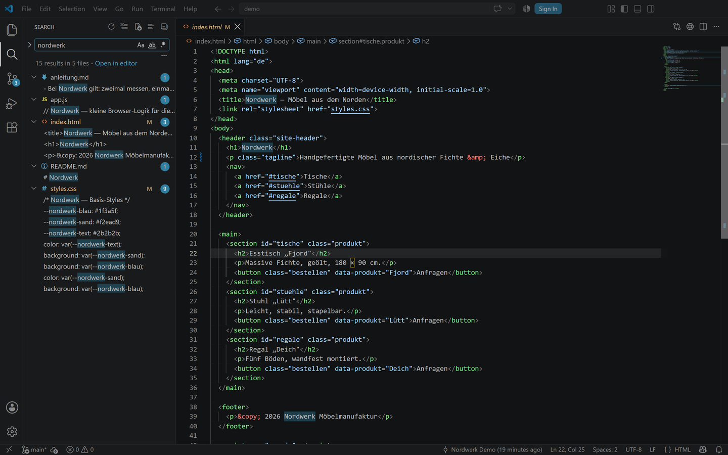 Projektweite Suche in VS Code: links das Such-Panel mit dem Begriff „nordwerk