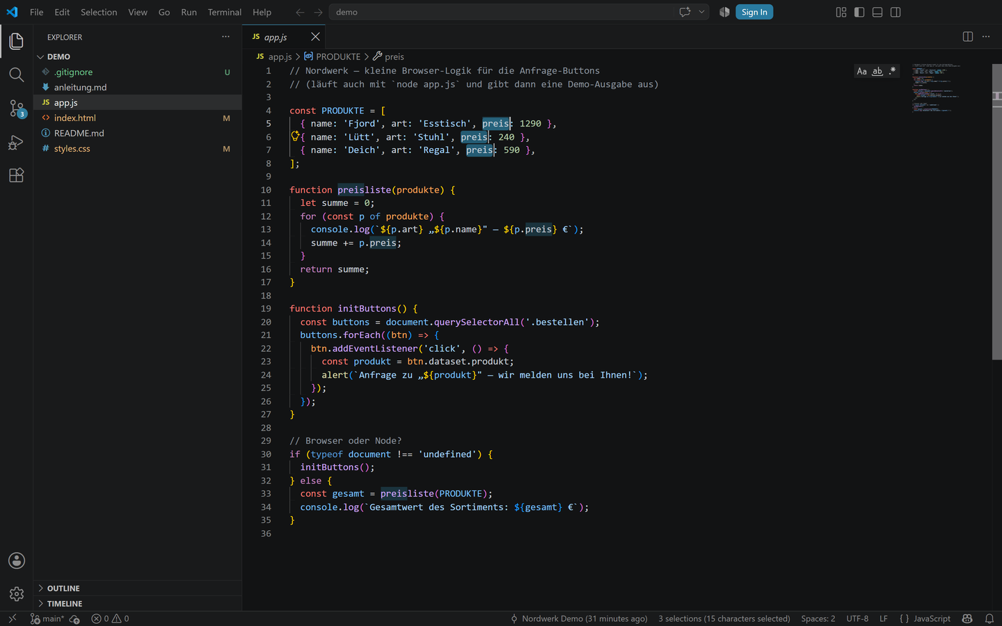 Editor in VS Code mit mehreren aktiven Cursors: drei gleichzeitig markierte Stellen, die sich gleichzeitig bearbeiten lassen
