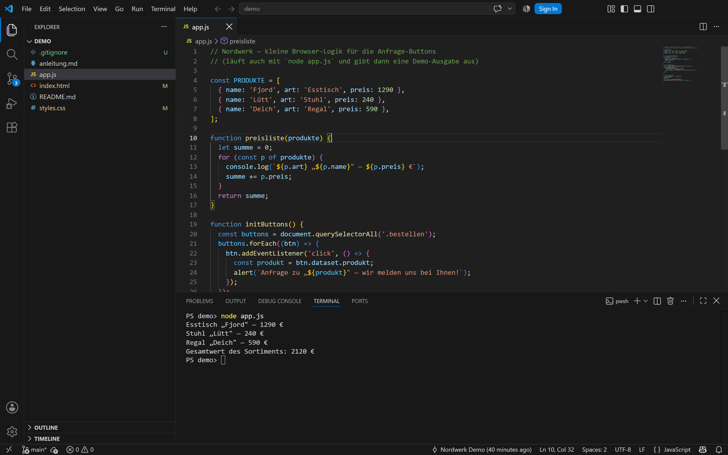VS Code mit geöffnetem Panel am unteren Rand: das integrierte Terminal läuft im Projektordner, ein Befehl wurde ausgeführt und seine Ausgabe ist sichtbar