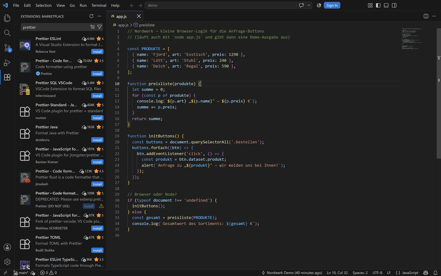Extensions-Ansicht in VS Code mit der Suche nach „prettier