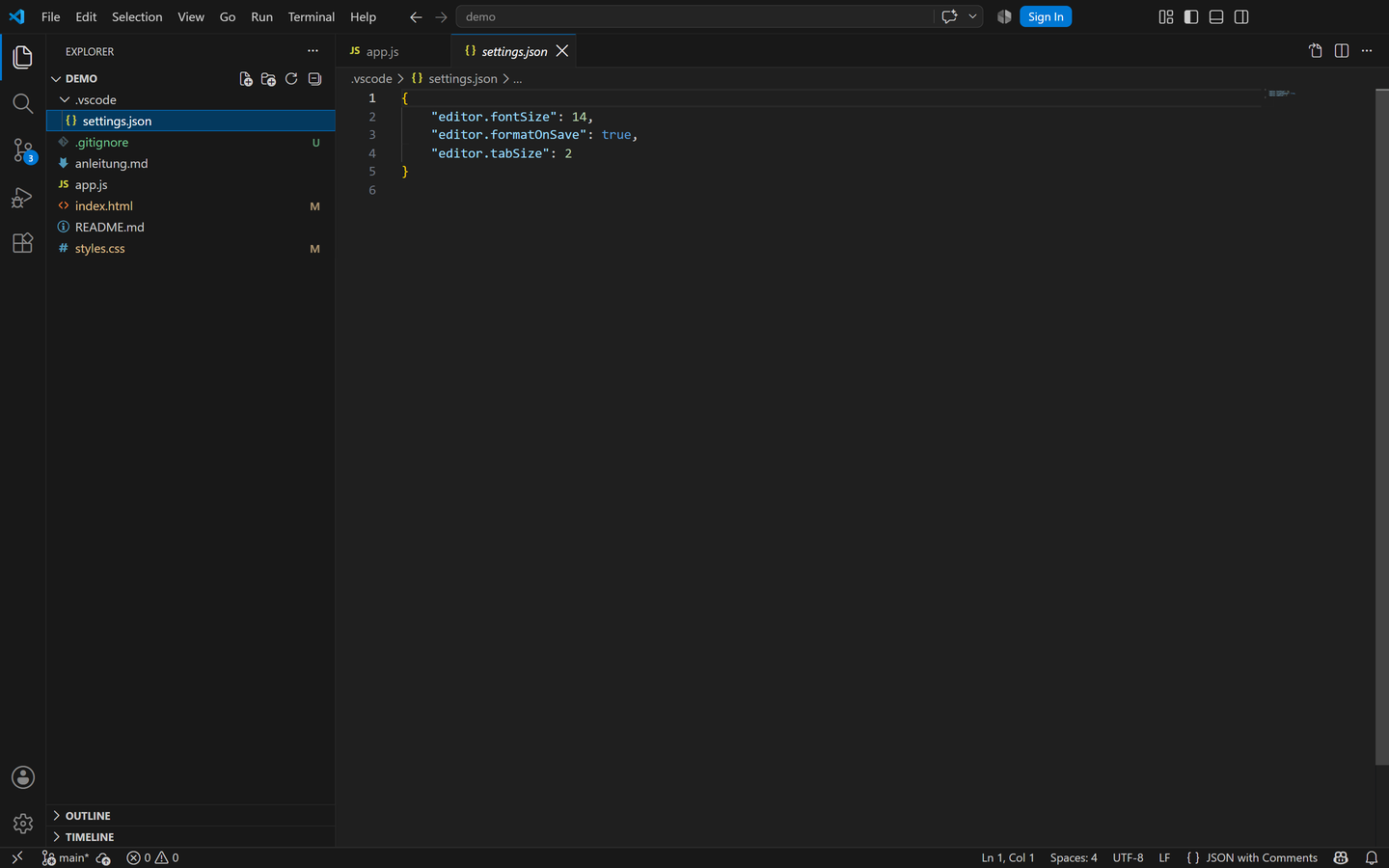 Die Datei settings.json im VS-Code-Editor mit wenigen Einträgen wie Schriftgröße und Farbtheme