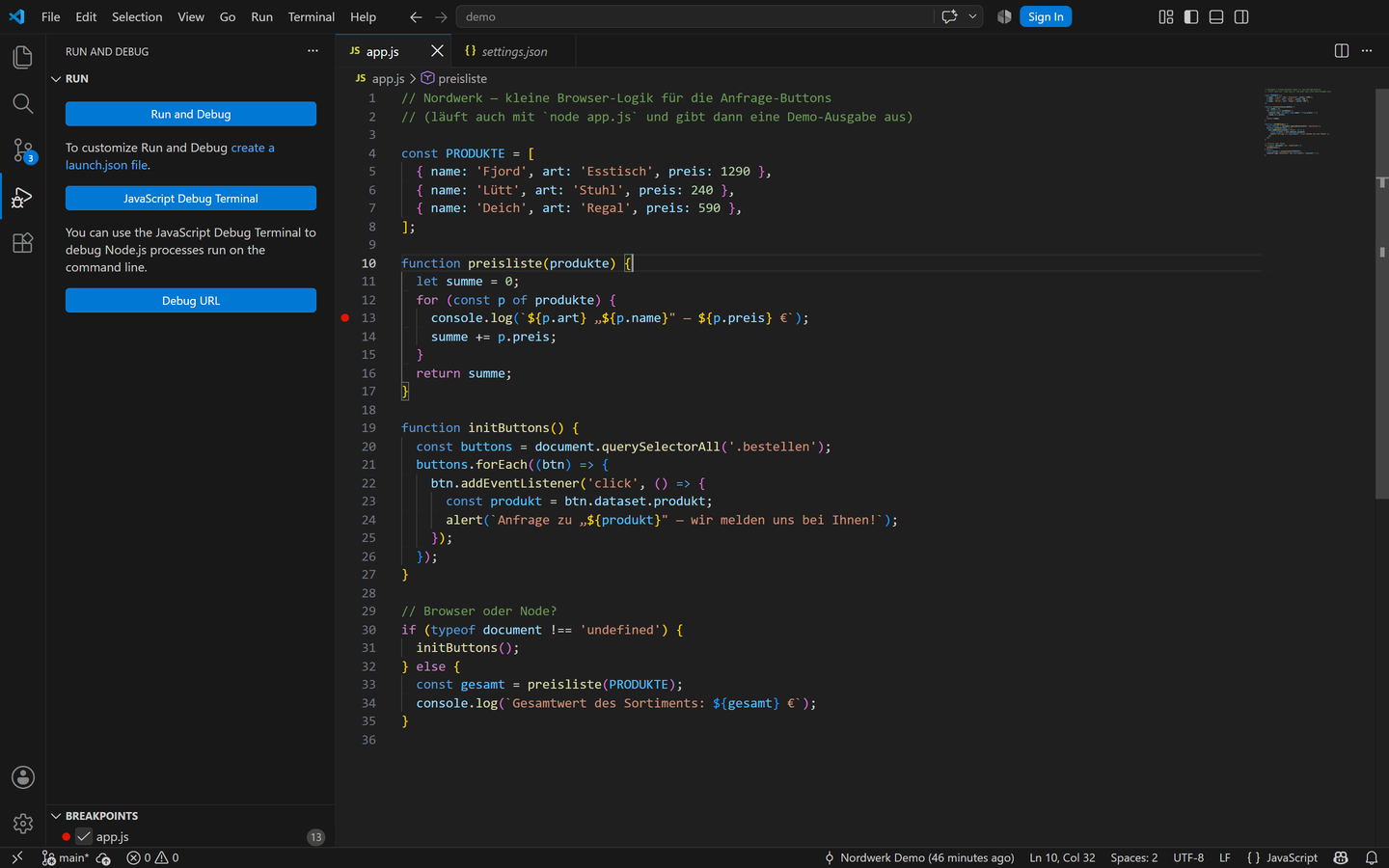 Run-and-Debug-Ansicht in VS Code: die Datei app.js ist geöffnet, links neben einer Zeilennummer markiert ein roter Punkt den gesetzten Breakpoint