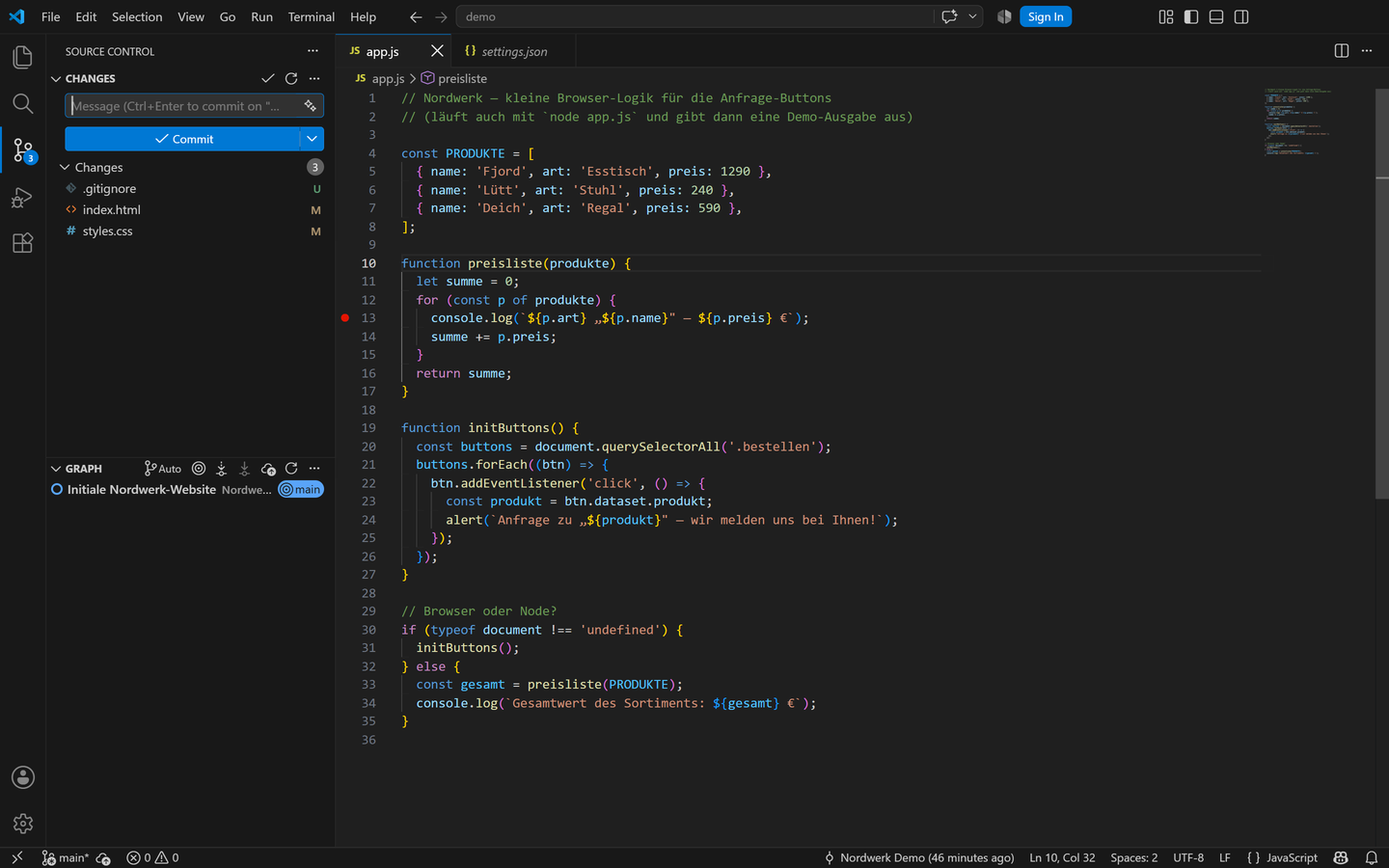 Source-Control-Ansicht in VS Code: Liste der uncommitteten Änderungen mit geänderten und neuen Dateien, darüber das Eingabefeld für die Commit-Nachricht